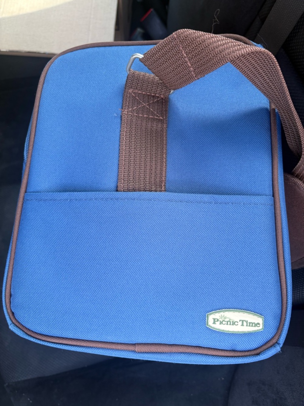 Blue Lunch Bag with Brown Trim and Adjustable Strap